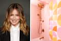 Photo of Ashley Tisdale next to a pink-tiled shower