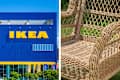 Split screen of IKEA storefront and a closeup of a rattan chair on a lawn