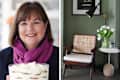Left: Portrait of Ina Garten; Right: green sitting area with rattan backed chair and vase of white tulips