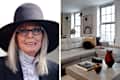 photo of Diane Keaton next to a photo of a modern interior with framed art and urns as decor