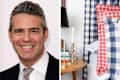 left: portrait of Andy Cohen; right: closeup of bed and bedside table with gingham bedding, candles, and a lamp