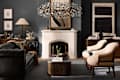 Cozy living room featuring a black leather sofa, beige armchairs, a marble coffee table, and a decorative chandelier.