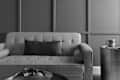 Black and white photo of living room seating area