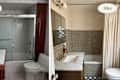 Split screen of a bathroom redo, from red and wood to classic subway tile