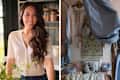 Joanna Gaines side by side with a photo of a bedroom with powder blue textile accents