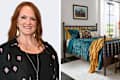 Side-by-side of Ree Drummond (The Pioneer Woman) and a bed with her crushed velvet line of bedding