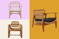 Clockwise top left to bottom left: Safavieh Junie Scandinavian Rattan and Fabric Dining Arm Chair, Noelie Rattan Lounge Chair with Black Cushion, Nadie Rattan Accent Chair