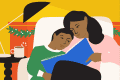 Mother and child reading a blue book on a couch, with a mug and candy cane on a side table, festive decor in the background.