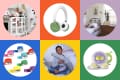Children using a kitchen step stool, green headphones, colorful tapes, a cozy bedroom, a boy with a plush toy, and a kids' alarm clock.