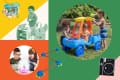 Children playing with a blue and orange toy car outdoors, surrounded by various colorful toys and activities.
