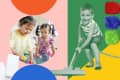 Children cleaning with sponges and vacuum on colorful background, featuring textured cloths in red, blue, and green.