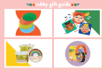 A graphic showcasing four toys for young neurodivergent kids: rainbow glitter play dough, a set of sensory mats, kid's noise cancelling headphones, and a making faces magnetic set.