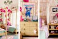 Brightly decorated children's bedroom featuring floral wallpaper, a canopy bed, colorful bedding, and playful decor items.