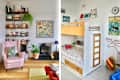 White family living room with colorful accents next to white kids' room with colorful accents, bunk bed