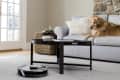 robot vacuum in living room with dog