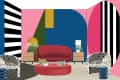 Colorful living room with a red sofa, patterned chairs, striped walls, and modern lamps on wooden side tables.