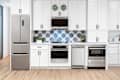 Modern kitchen with white cabinetry, stainless steel appliances, blue patterned backsplash, and wooden flooring.