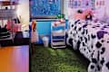 Cow print comforter in colorful dorm room.