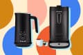 Black Instant milk frother and coffee maker with pods on a colorful geometric background.