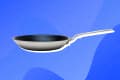 Stainless steel frying pan with a long handle on a blue abstract background.