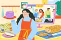 Kat Lieu, founder of Subtle Asian Baking, is depicted in and illustration baking some of her favorite recipes in her home along with friends (who join her virtually).