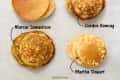 Six stacks of pancakes labeled with different names on a light surface.