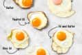 overhead shot of eight different eggs fried using different methods on a marble surface
