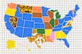 Map of the United States with colorful regions showcasing various dishes, including images of food in select states.