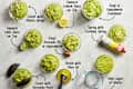Guacamole in glass bowls with various preservation methods labeled, including lime juice, avocado pit, and cooking spray.