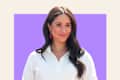 Meghan Markle headshot in purple template.