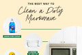 Microwave cleaning guide with dish soap, lemon juice, vinegar, all-purpose spray, and a bowl of water.