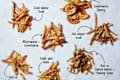Labeled graphic showing 7 different ways to make oven fries.