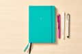 Teal journal with elastic band and three pens in pink, white, and silver on a light wood surface.