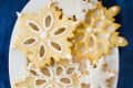 Snowflake-shaped sugar cookies with white icing on a white plate.