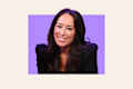 Joanna Gaines headshot on colorful background