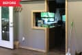 Open kitchen view with wooden trim, cleaning tools, and a "Before" label in a home interior.