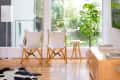 Living room with two white butterfly chairs, a cowhide rug, a wooden console, and a large potted plant by a window.