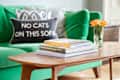 Green sofa with a "No Cats on This Sofa" pillow, wooden coffee table with books, and a vase of orange flowers.