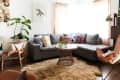 boho living room with tan and gray accents