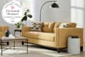 Raymour & Flanigan sofa in living room with personal shopper seal in upper left corner