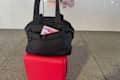 Quince expandable tote on top of suitcase.