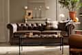 Chesterfield sofa with brown leather upholstery, plaid pillows, glass coffee table, and decorative items on a rug.