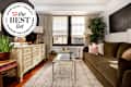 living room with window air conditioner unit. Seal in upper left reads "Apartment Therapy the Best List 2024 Window Air Conditioners"