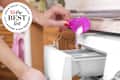 Woman throws laundry detergent into the washing machine close-up with Best List seal
