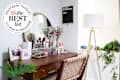 Wood vanity table with makeup in organizers, round mirror, plants around. Seal in upper left reads "Apartment Therapy the Best List 2024 Makeup Organizers"
