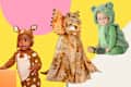 3 kids' halloween costumes on a colorful background