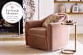 Pottery Barn accent chair in living room with personal shopper seal in upper left