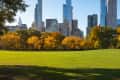 Midtown view of Central Park in Fall with Billionaires' Row supertall skyscrapers from Sheep Meadow. Manhattan, New York City