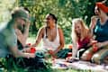 Friends having a picnic on a blanket and drinking from solo cups