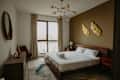 Traditional bedroom with wooden bed frame, chandelier and golden wall decor